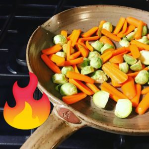 Beer Can Oven Chicken in a handmade clay baker and Bang Bang Brussel Sprouts and Carrots in a handmade Flameware Large Skillet. #whatsfordinner #cookingwithclay #mondays #leftoversfordays #bangbangbrusselsprouts